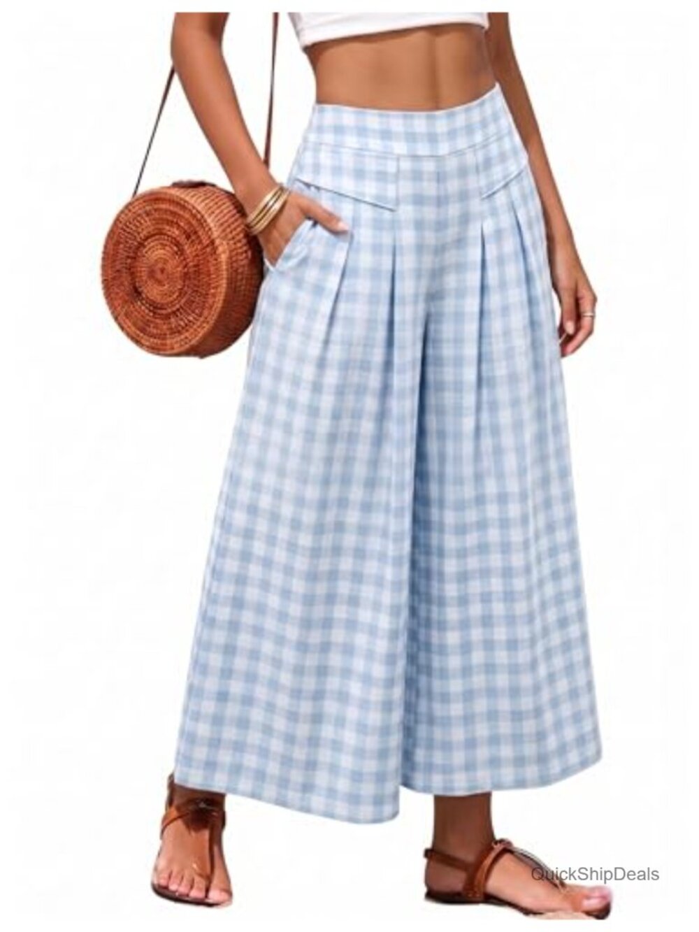 100% Cotton Gingham Wide Leg Capri Pants